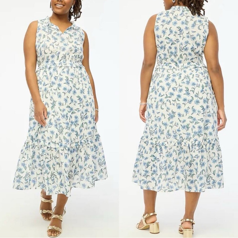 J. Crew Factory Women’s Floral Tiered Ruffle Midi Dress Sleeveless Coastal 14